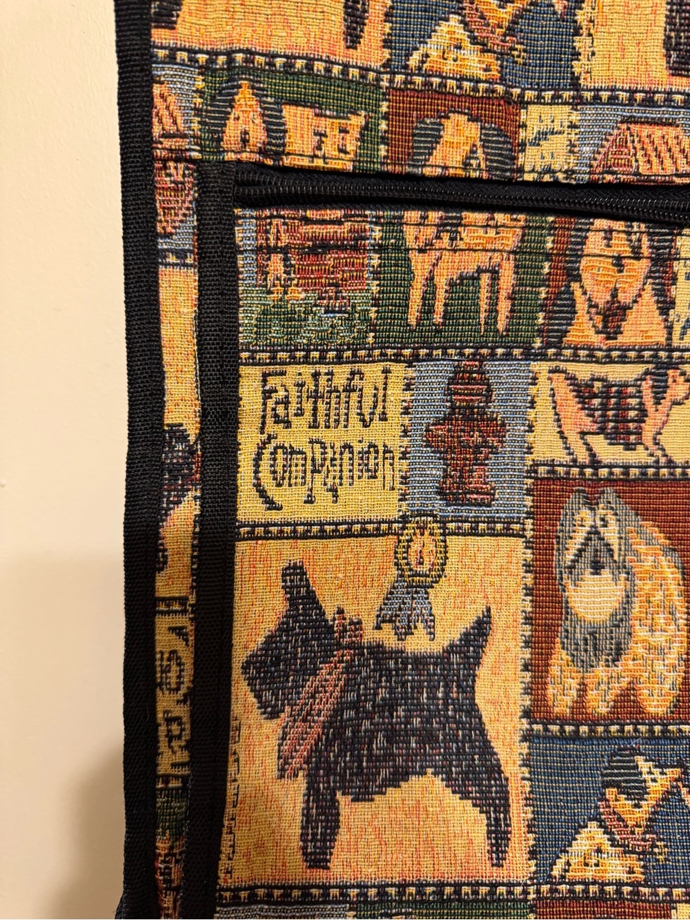 Vintage Tapestry Casual Nostalgic Cottagecore Dog Motif Tote with Black Straps - Picture 3 of 7